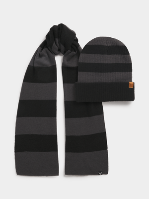 Exact Men's Black & Grey Striped Scarf & Beanie Set