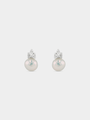 Sterling Silver Lab Grown Diamond & Freshwater Pearl Trio Stud Earrings