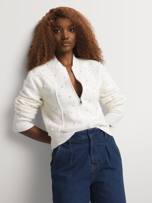 Zip Through Pearl Detail Bomber Jersey