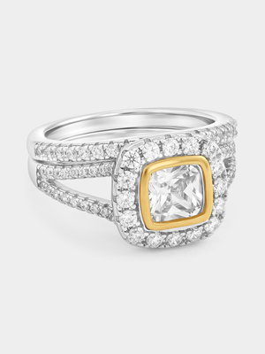 Yellow Gold & Sterling Silver Cubic Zirconia Cushion Halo Twinset