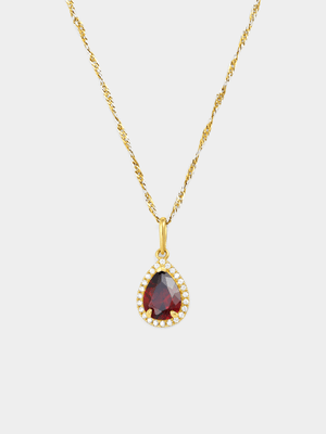 Yellow Gold Red Cubic Zirconia Pear Halo Pendant on a chain