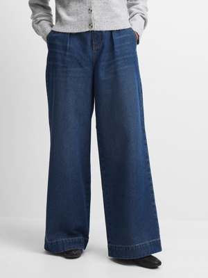 Exact Women's Indigo Wash Front Pleat Wide-Leg Jeans