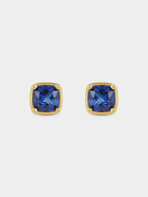 Yellow Gold Vermeil Blue Cubic Zirconia Cushion Stud Earrings