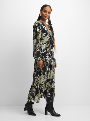 Jet Women's Black/Fatigue Floral Maxi Chiffon Dress