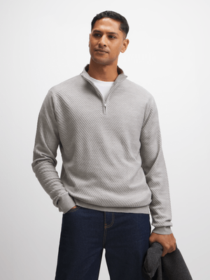 Jet Men's Grey Melange Textured 1/4 Zip Knit Top