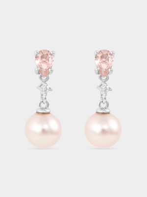 Sterling Silver Freshwater Pearl & Pink Cubic Zirconia Drop Earrings