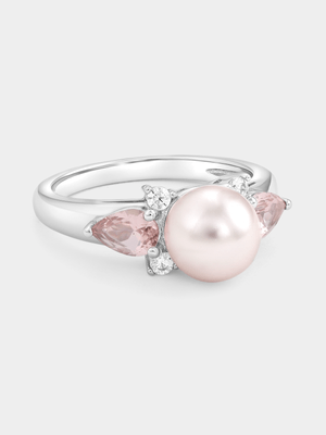 Sterling Silver Freshwater Pearl & Pink Cubic Zirconia Pear Ring