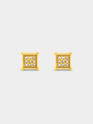 Gold Plated Stainless Steel Cubic Zirconia Pave Square Stud Earrings