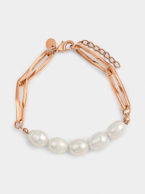 Rose Gold Plated Pearl Women’s Paperclip Link Bracelet