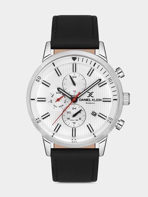 Daniel Klein Silver Plated Black Leather Chronographic Watch