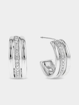 Sterling Silver Cubic Zirconia Triple Pavé Hoop Earrings