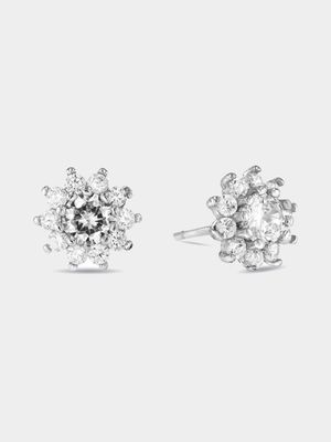 Sterling Silver Cubic Zirconia Floral Halo Stud Earrings