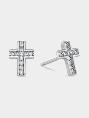 Sterling Silver Cubic Zirconia Cross Stud Earrings