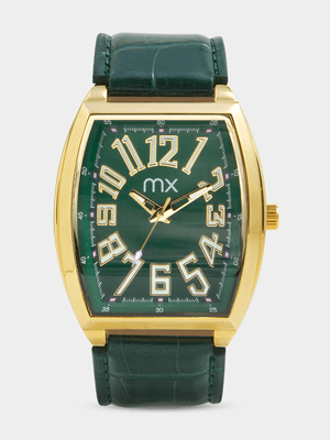 MX Gold Plated Tonneau Green Faux Leather Watch