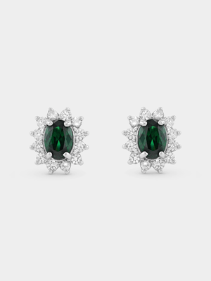 Sterling Silver Green Cubic Zirconia Oval Halo Stud Earrings