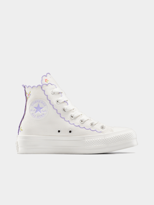 Converse Womens Chuck Taylor All Star Embroided Floral White/Purple Platform Sneakers