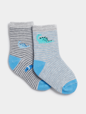 Jet Infant Boys Grey/Blue Stripe 2 Pack Dino Jacquard Socks