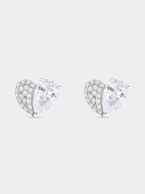 Sterling Silver Cubic Zirconia Pear Pavé Heart Stud Earrings