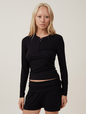 Women's Cotton On Black Sleep Recovery Henley Long Sleeve Top