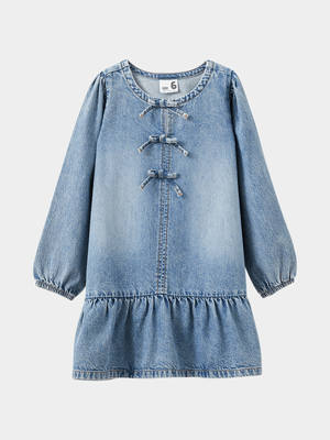 Cotton On Kids Girl Blue Betty Bow Front Denim Dress