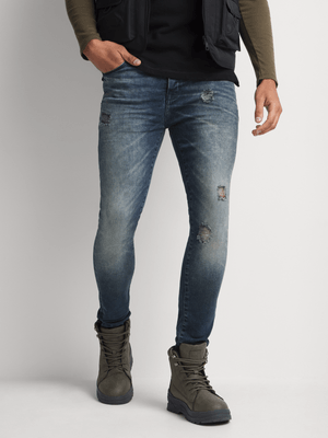Men's Relay Jeans Super Skinny Rip and Repair Dark Blue Wash Denim