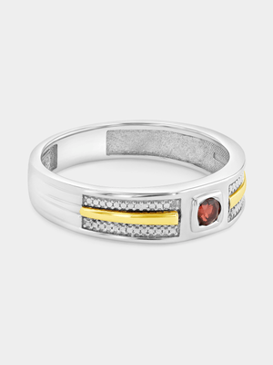 Yellow Gold & Sterling Silver Garnet Solitaire Square Two-Tone Ring