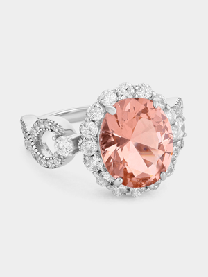 Sterling Silver Morganite Cubic Zirconia Oval Halo Ring
