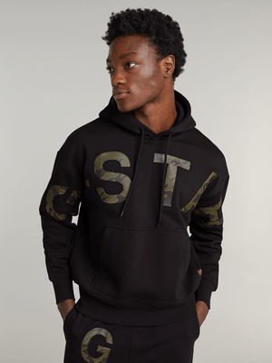 G-Star Men's Embro Print Loose Hooded Black Sweater