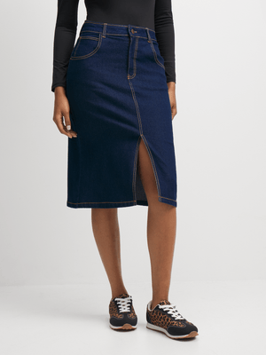 Jet Women's Dark Wash Midi Front Denim Slit Skirt