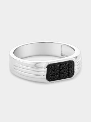 Sterling Silver Black Spinel Pavé Rounded Rectangle Cluster Ring