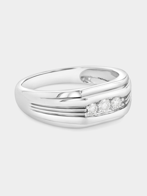Sterling Silver Moissanite Trilogy Horizontal Grooves Ring