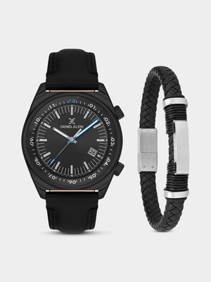 Daniel Klein Black Plated Black Leather Watch & Stainless Steel Black Leather Bracelet Set