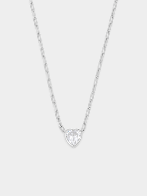 Sterling Silver Cubic Zirconia Heart Solitaire Paperclip Pendant