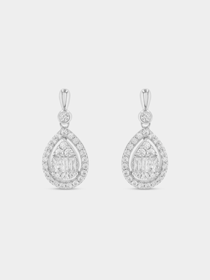 Sterling Silver Cubic Zirconia Pear Halo Drop