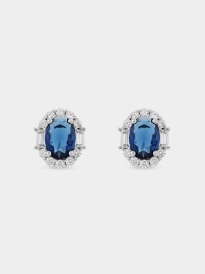 Sterling Silver Sapphire Blue Cubic Zirconia Oval Halo Stud Earrings