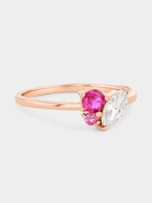 Rose Plated Sterling Silver Pink & White Cubic Zirconia 3-Stone Ring