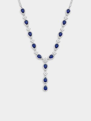 Sterling Silver Sapphire Blue Cubic Zirconia Pear Halo Necklace