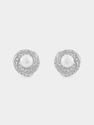 Sterling Silver Sapphire & Freshwater Pearl Round Halo Stud Earrings