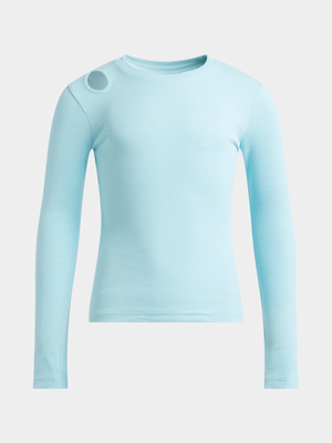 TS Girls Long Sleeve Ribbed Blue Tee