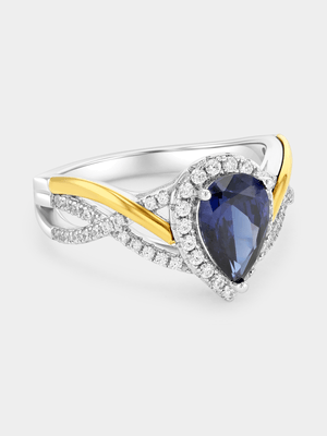 Yellow Gold & Sterling Silver Blue Cubic Zirconia Pear Halo Ring