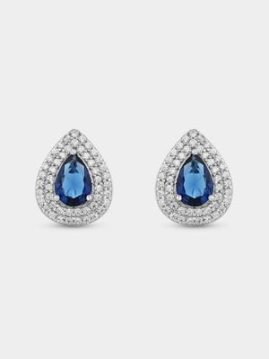 Sterling Silver Blue Cubic Zirconia Pear Double Halo Stud Earrings