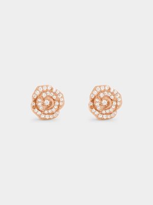 Rose Plated Sterling Silver Cubic Zirconia Rose Stud Earrings