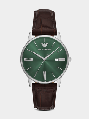 Emporio Armani Green Dial Stainless Steel Brown Crocodile-Patterned Leather Watch