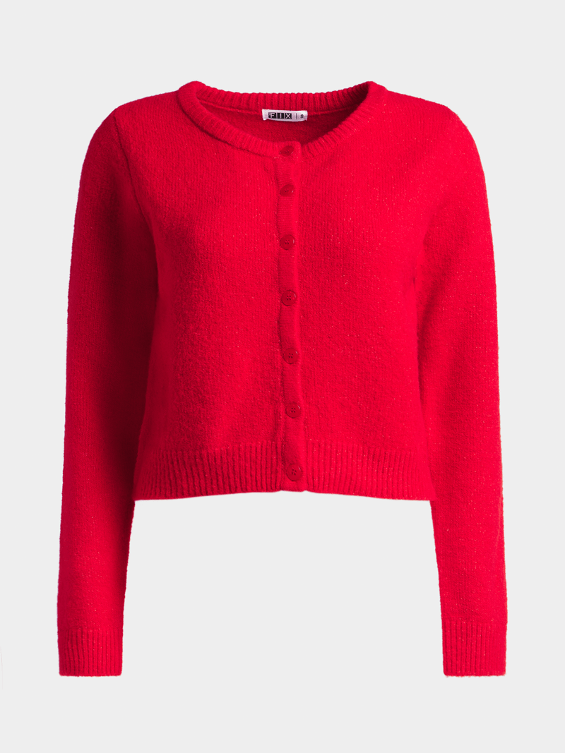CRANK STUD BUTTON CARDIGAN 赤 red Cable & Gauge Button Front Cardigan Sweater Rhinestone Bow