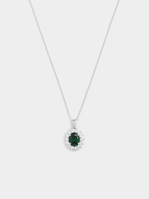 Sterling Silver Emerald Green Cubic Zirconia Oval Halo Pendant