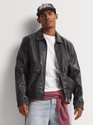 Markham Men's Smart Washed Zipped Charcoal Bomber Jacket