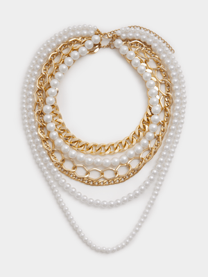 The FIX Women's Gold Pearl Link Multi Layer Necklace