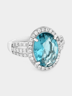 Sterling Silver Aquamarine Cubic Zirconia Oval Halo Ring