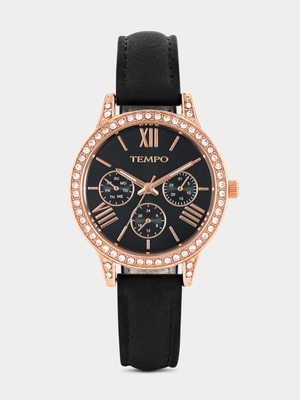 Tempo Rose Plated Black Dial Black Leather Watch