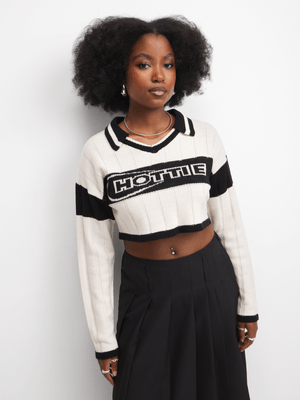 Women's Black & White Polo Cropped Jumper